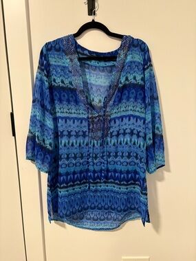 Raviya Blue Patterned Beaded V-Neck Tunic